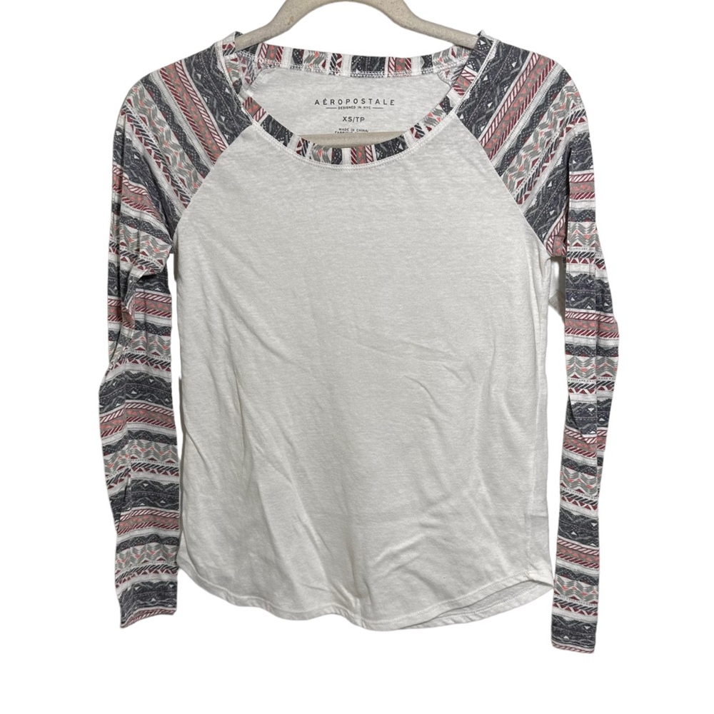 Aeropostale Womens Sz XS Geo Raglan Graphic Long Sleeve White Lightweight